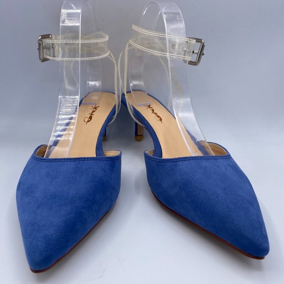 XYD Shoes - XYD Blue Suede Pointy Mules Loafers Kitten Heels